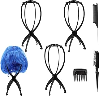 LUODAKA 3 Pack Foldable Wig Stands with 3 Hair Brushes & Combs - Portable Travel Wig Holders for All Wigs, Black