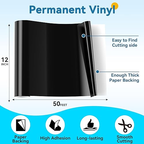 Miniatura 2 de Rollo de vinilo permanente negro, 12 pulgadas x 50 pies, vinilo adhesivo negro para Cricut y todas las máquinas de corte, vinilo permanente para