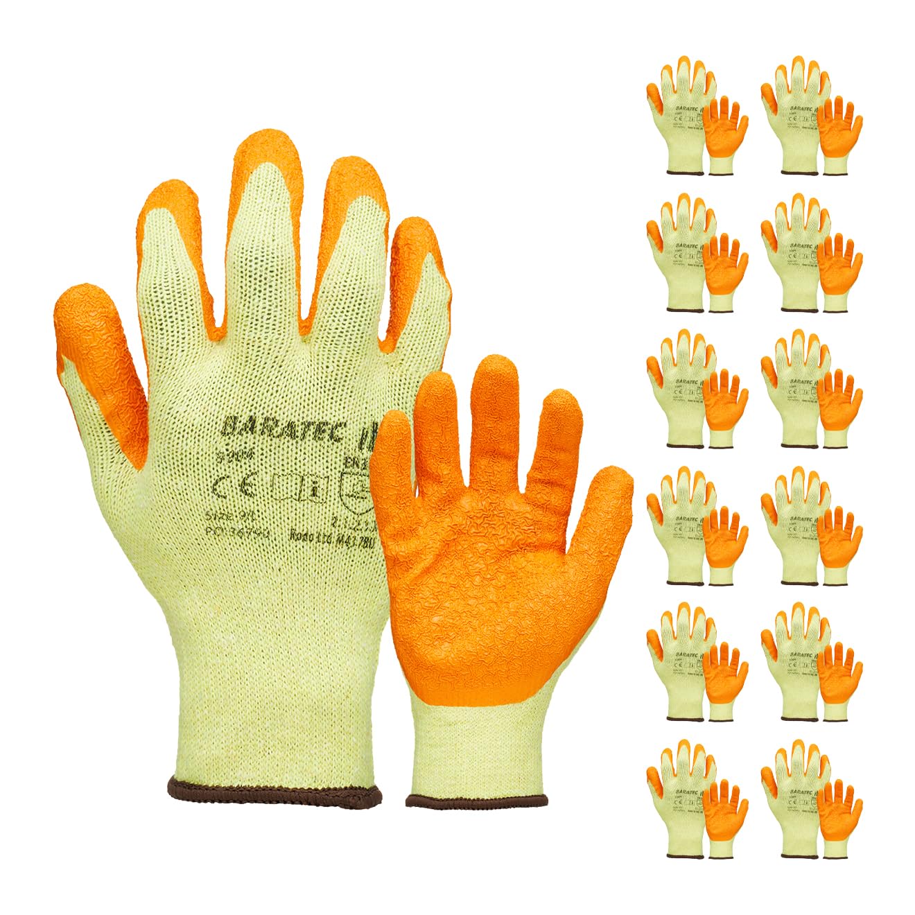 Baratec Pack of 12 Work Gloves, Latex Gloves, Gardening Gloves, Mens Womens, Waterproof Latex Grip, Safety Gloves