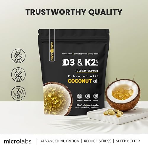 Miniatura 7 de Cápsulas blandas extra fuertes de vitamina D3 + K2 de 10,000 UI con aceite de coco, suplemento combinado de vitamina D3 y K2 para apoyo óseo,