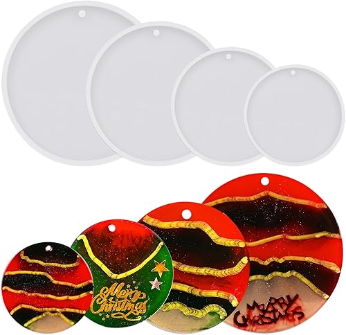 Actvty Moldes de resina de silicona para adornos de Navidad, 4 moldes redondos para colgantes de resina epoxi, moldes de fundición de resina,