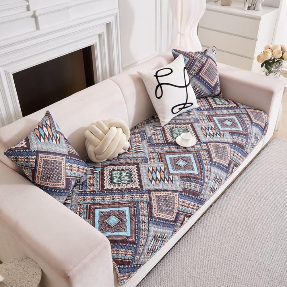 HOMETHREADS Premium Korean Style Cotton Sofa Seat Cover Breathable, Anti-Skid & Machine Washable Couch Protector for a Modern & Cozy Living Space (Blue_Square, 1 Seater Large| 90x75Cm)-image-25