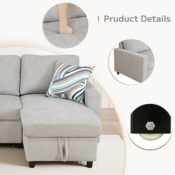 Yafylly L-Shaped Sleeper Sofa with Chaise Lounge & Storage, Pull-Out Couch Bed with Recliner, Full Size Futon for Living Room, Office, Apartment Beige