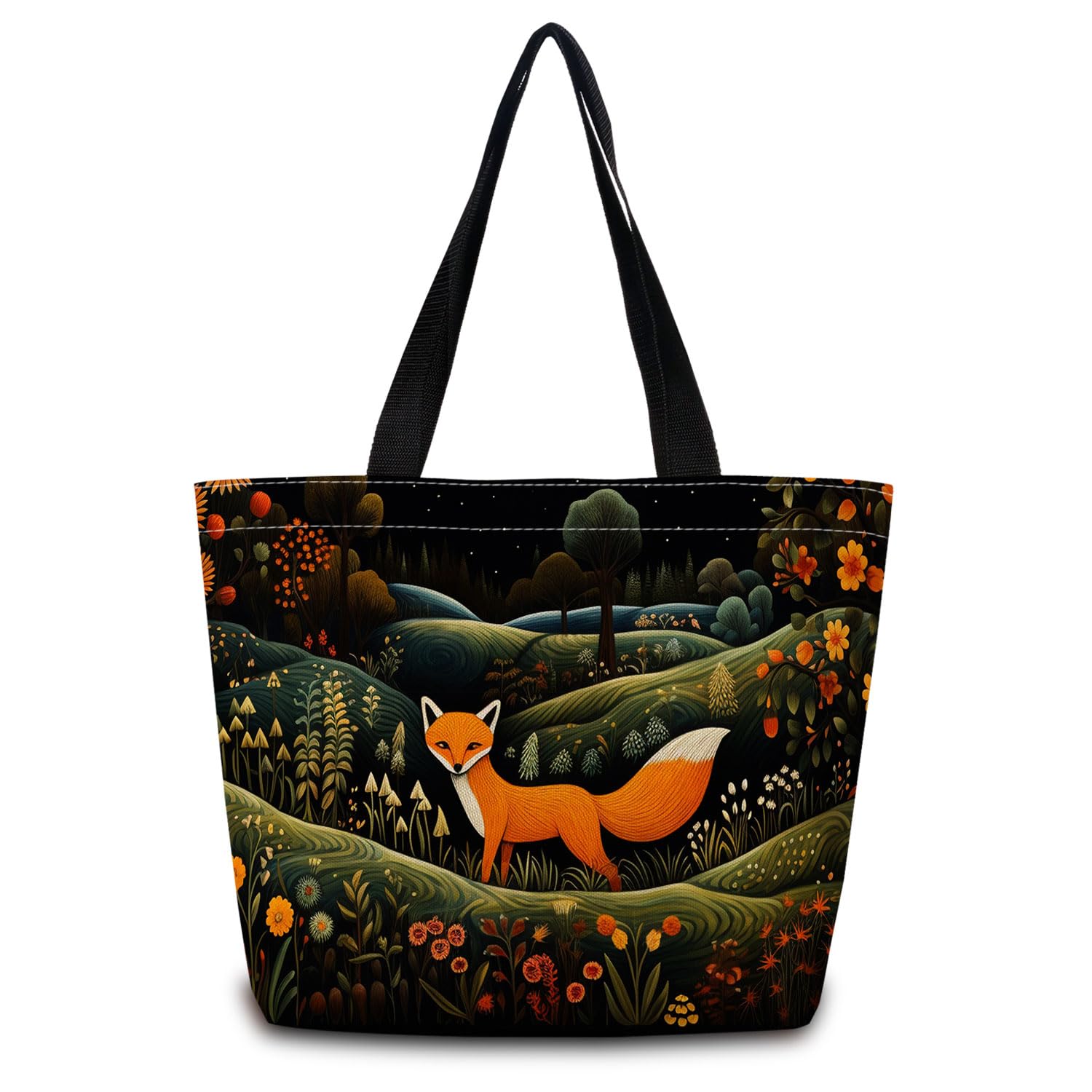 ZhuVantrix Cartoon Fox Tote Bag Reusable Grocery Bags Cute Aesthetic Shopping Shoulder Handbag with Interior Zipper Pocket Lightweight & Washable