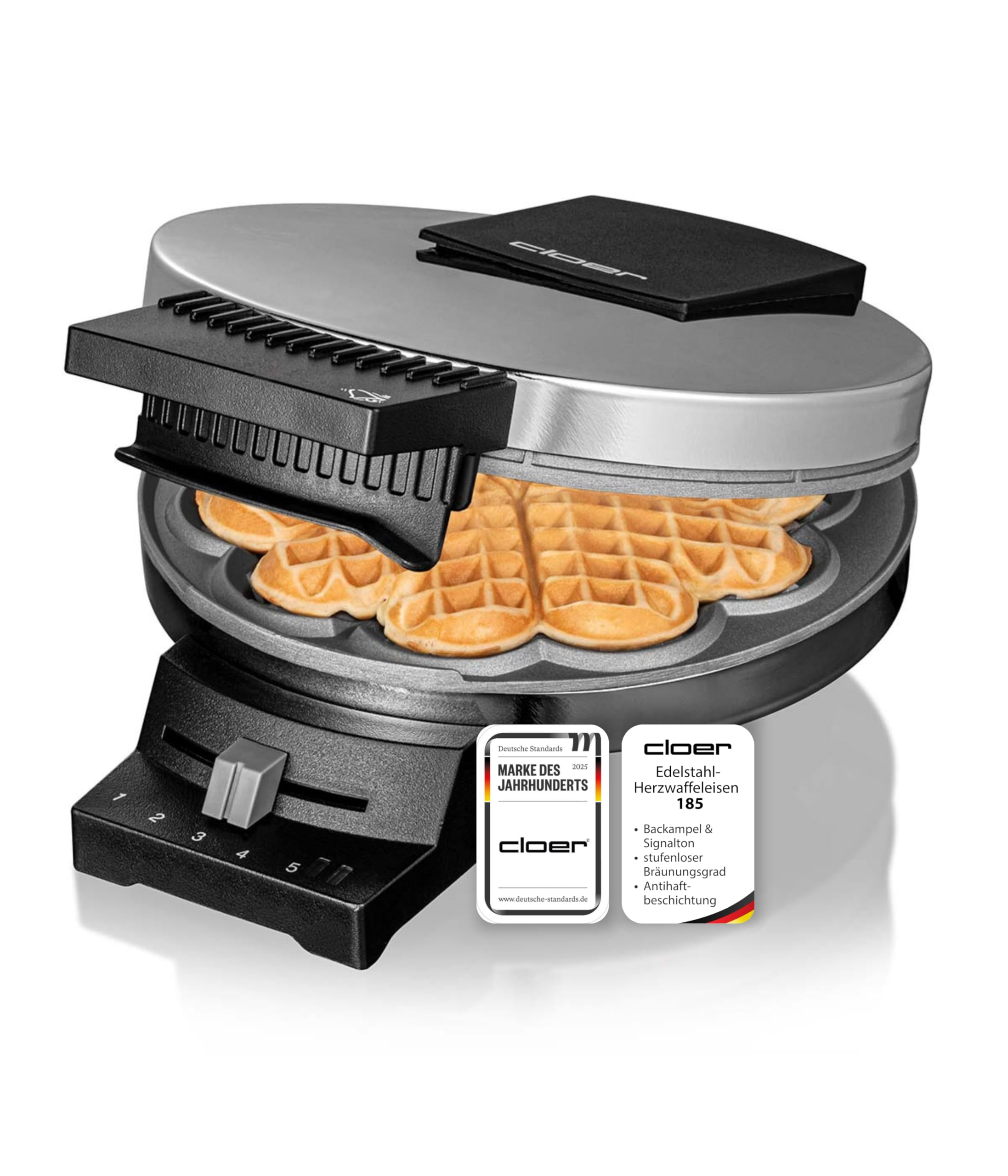 Cloer 185 Waffeleisen für eine Herzwaffel mit 16 cm Durchmesser Herzwaffeleisen mit Doppelbeschichtung schweren Backplatten stufenlosem Bräunungsgrad Backampel & Signalton Edelstahl 930 W Chrom
