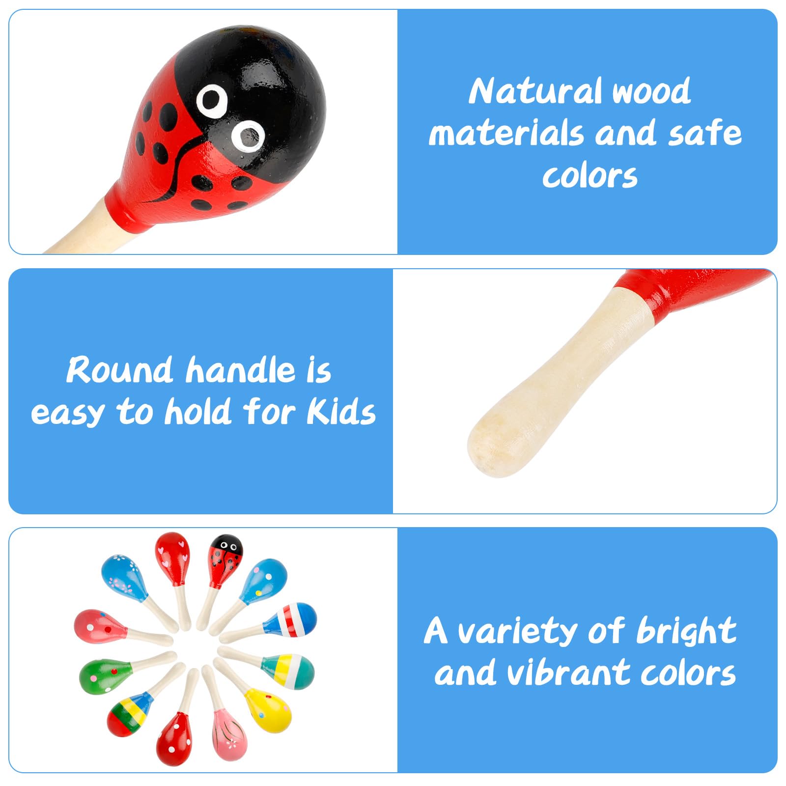 JYUHA 12 PCS Wooden Baby Maracas, Multicolor Musical Egg Maracas, Festive Musical Instruments for Babies Toddlers Kids - Image 3