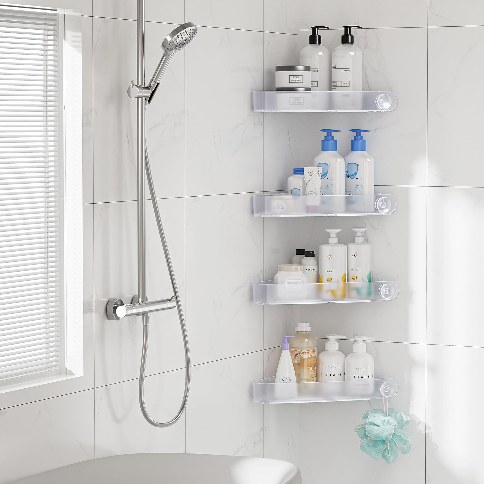 Sotfamily 4 Piezas Estanteria Ducha Sin Taladro, Estante Baño de Esquina Cesta, Plastico Extraíbles Estanterias, Estante Ducha con 6 Ganchos autoadhesivos, Estanteria Baño Autoadhesivos, Helado Claro