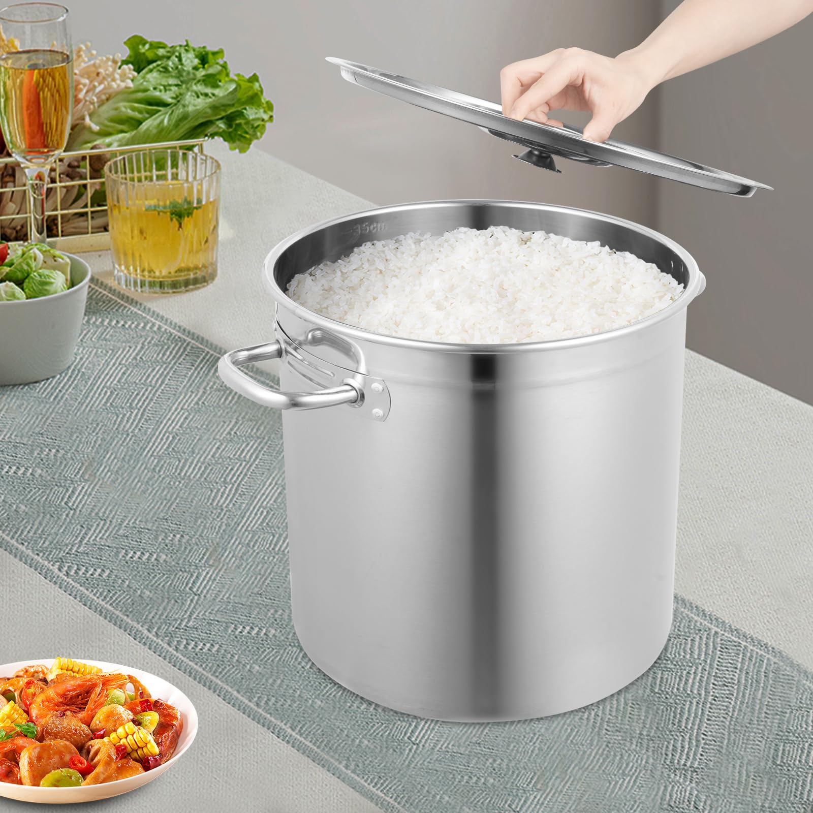 Olla de acero inoxidable de 28 litros con tapa hermética para inducción, gas y vitrocerámica, ideal para sopas, guisos y conservación de cocina profesional