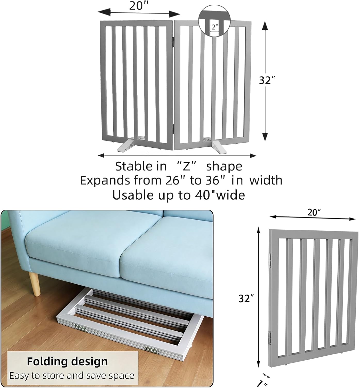 Dog Gate Indoor, Freestanding Dog Fence for The House, Doorways, Hallways,or Stairs,Pet Gate Foldable Wooden,Expandable 32" Height 2 Panels,Grey
