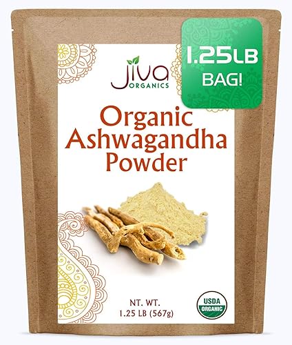 Jiva Organics Polvo de raíz de Ashwagandha de 1.25 libras (20 onzas), sin gluten, ginseng indio, crudo, puro, sin OMG, probado en laboratorio, polvo