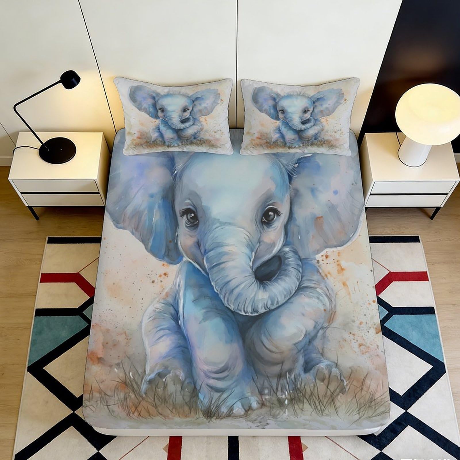 3D Printed Blue Baby Elephant Fitted Sheet Microfiber Anti-Slip Animal Mattress Cover for Bedroom Dorm Easy Care 180x200x25cm
