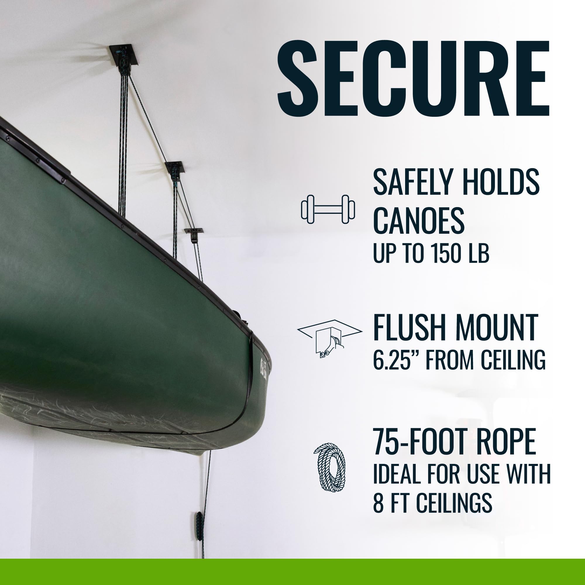 Teal Triangle Heavy Duty Elite Canoe Hoist, Easy-Lift Garage Pulley System, Holds 150 lbs, Fits 8-Foot Ceilings, Patented No-Slip Strap, No Setup Required