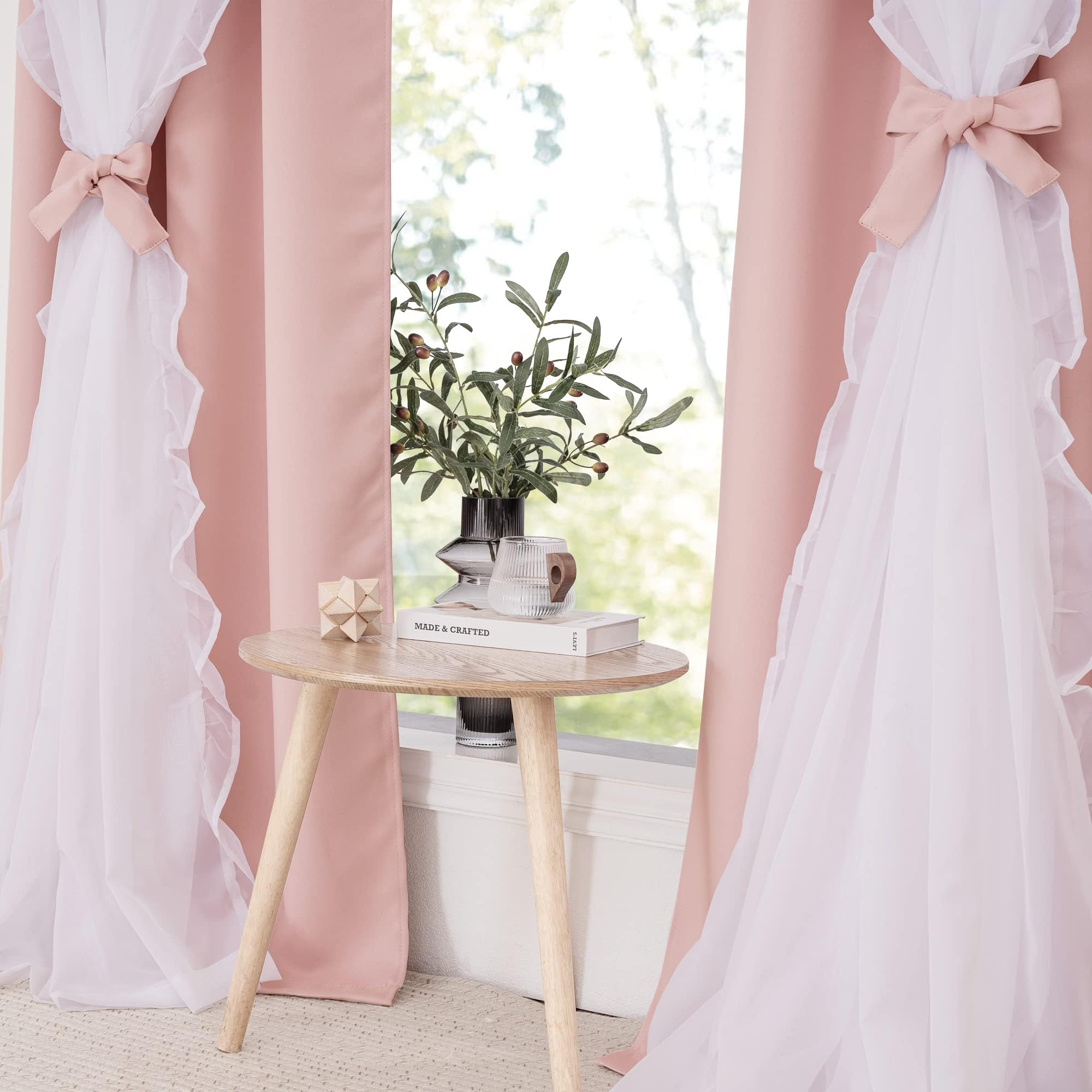 PONY DANCE Kinderzimmer Vorhang Mädchen Rosa Gardinen Kurz Blickdicht | 2er Set H160 x B140cm, Doppellagige Gardinen mit Tüll-Rüschen, Thermovorhang Hitzeschutz, mit Ösen, für Schlafzimmer