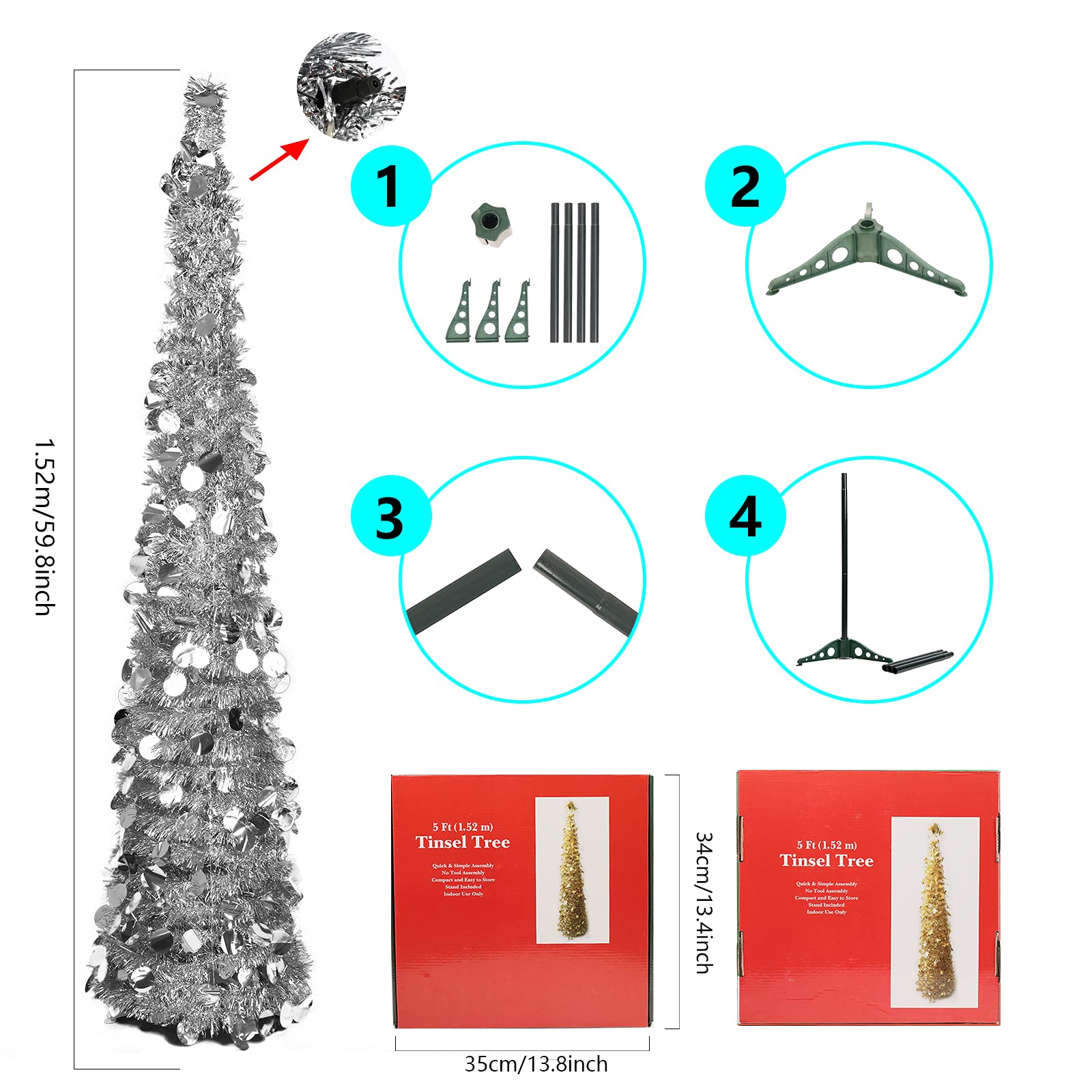5ft Collapsible Artificial Christmas Tree, Pop Up Silver Tinsel Coastal Christmas Tree for Holiday Carnival Party Home Office Fireplace Decorations