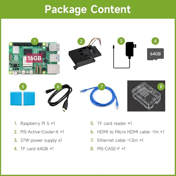 Waveshare Starter Kit, Compatible with Raspberry Pi 5, Bundle with Raspberry Pi 5 16GB, 64GB TF Card, Cooler, Case, Cable and so on (8 Items)
