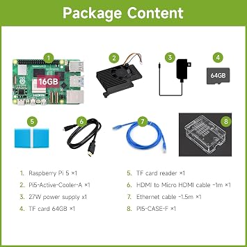 Waveshare Starter Kit, Compatible with Raspberry Pi 5, Bundle with Raspberry Pi 5 16GB, 64GB TF Card, Cooler, Case, Cable and so on (8 Items)