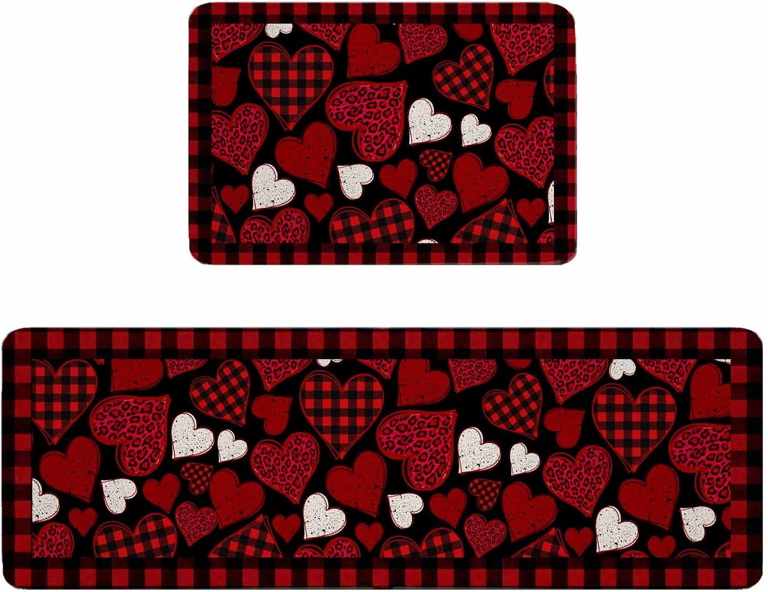 Valentine's Day Kitchen Rugs and Mats Set of 2, Non-Slip Kitchen Sink Mat, Red Black Love Hearts Checkered Washable Doormat Bathroom Rugs Runner for Bedroom/Living Room 19.7"x31.5"+19.7"x63"