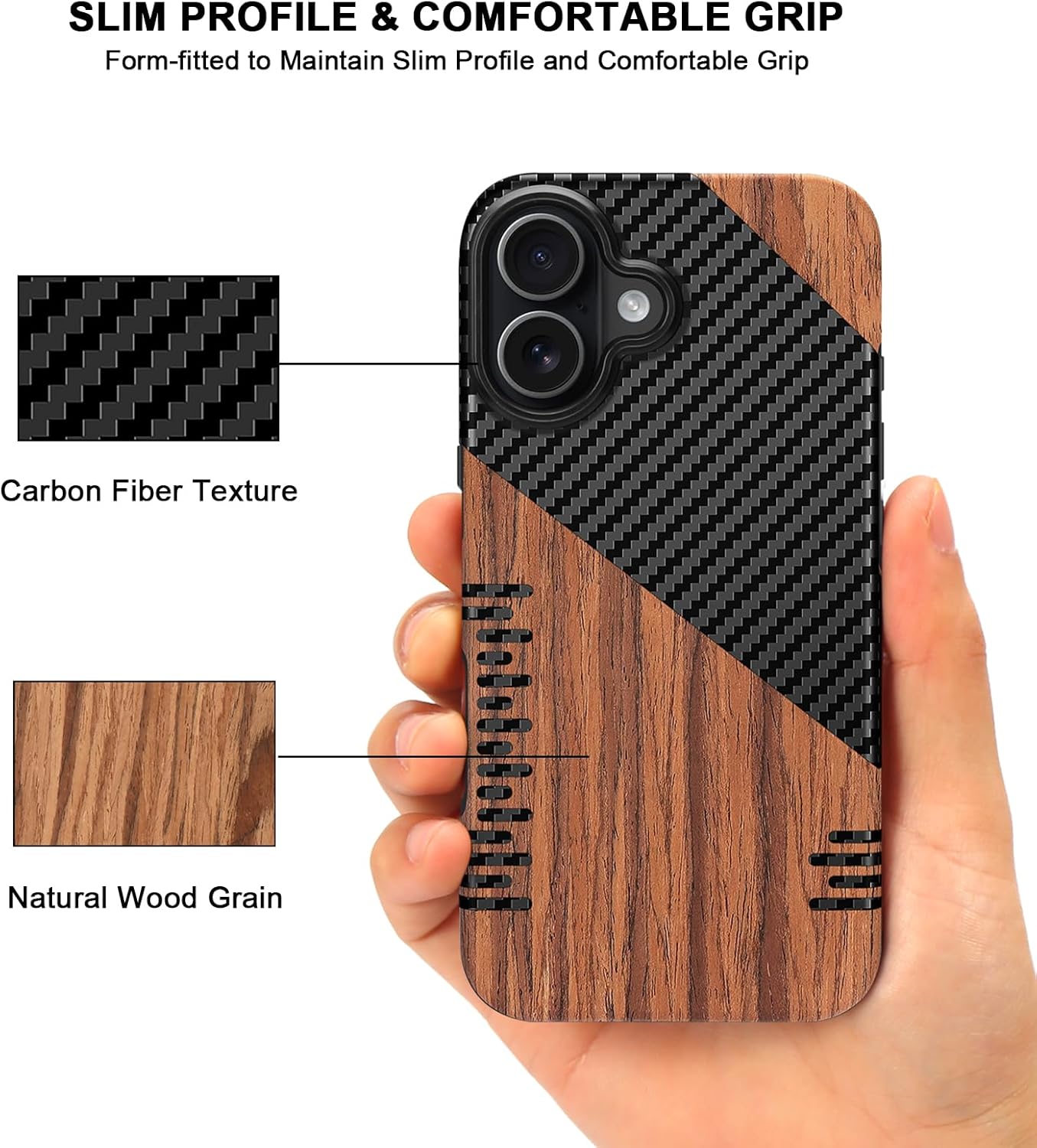 TENDLIN Compatible with iPhone 17 Case Wood Grain with Carbon Fiber Texture Design Leather Hybrid Slim Case (Twill) - Image 3