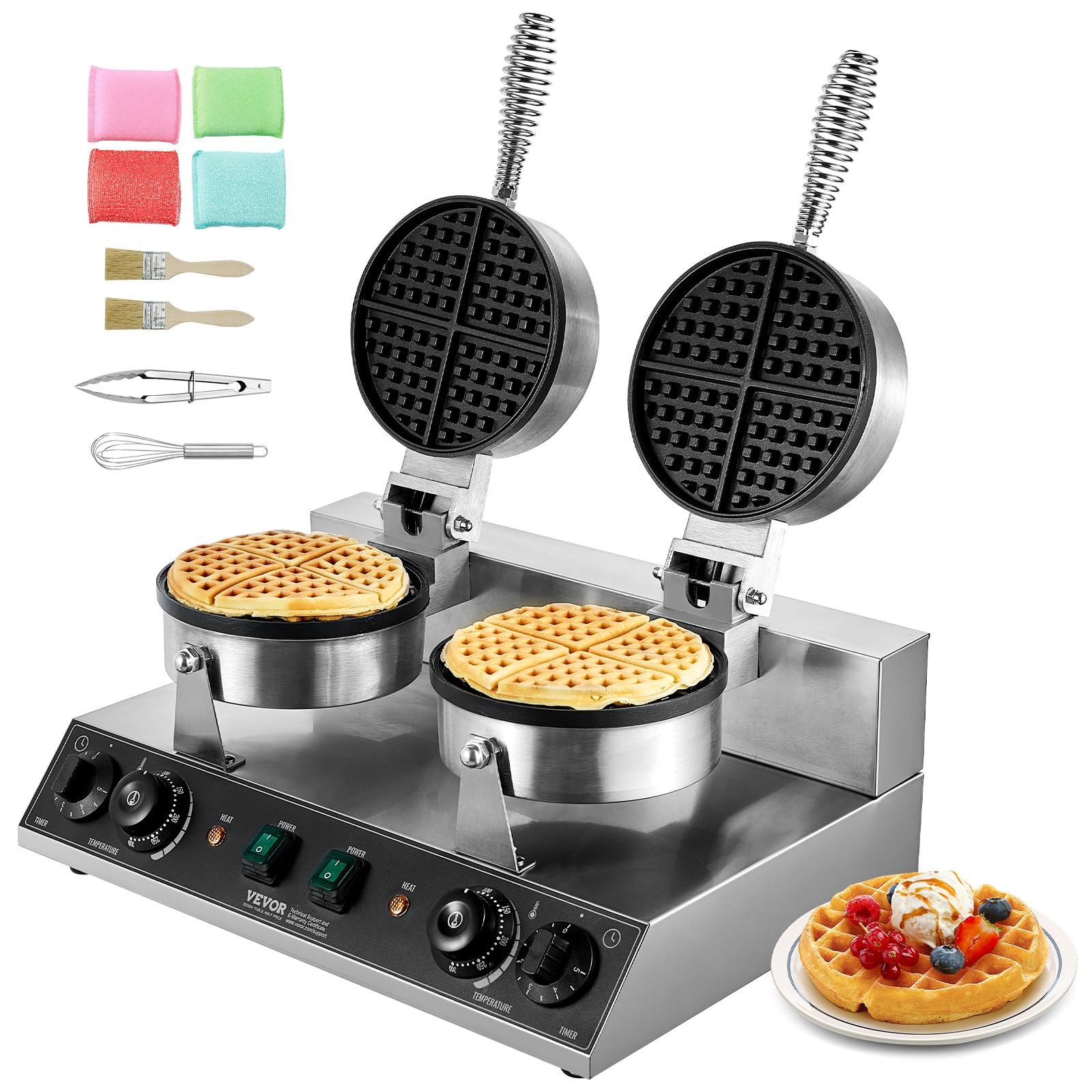 VEVOR Commercial Round Waffle Maker Nonstick 1100W Stainless Steel 110V Temperature and Time Control, Suitable for Restaurant Bakeries Snack Bar Family, Non-rotated