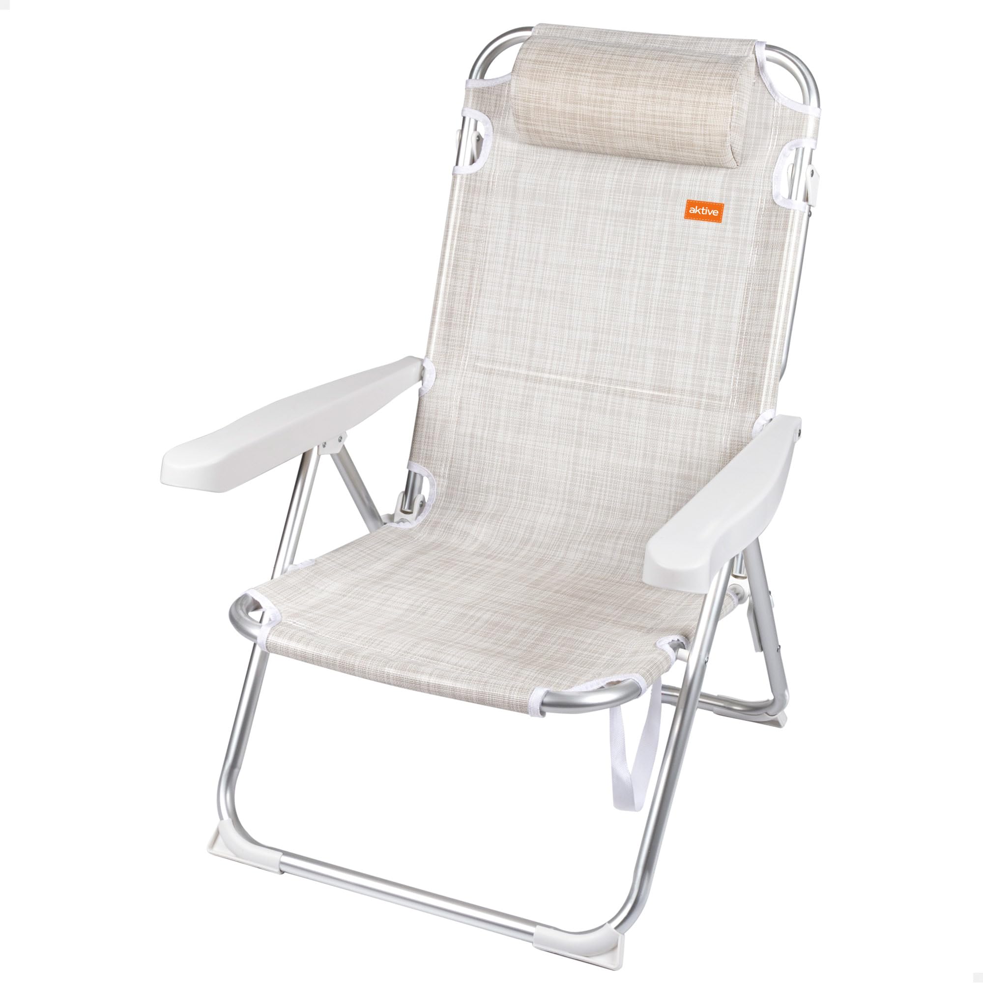 AKTIVE 62641 - Silla de Playa Plegable Antivuelco Crema, Reclinable 5 Posiciones, Resistente y Ligera con asa de Transporte y cojín, Peso máx. soportado 110Kg., Medidas 48x60x90cm, Sillas de Playa