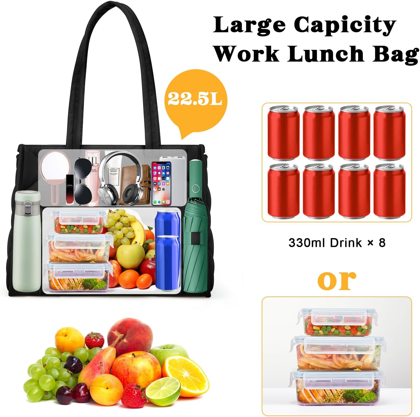 ZOMFELT Lunch Tote Bag for Women, 15.6 Inch Puffer Laptop Lunch Bag, Quilted Large Work Tote Bag with Insulated Lunch Compartment, Womens Lunch Bags for Work, Travel, Nurse, Teacher, Camping, Black - Image 3