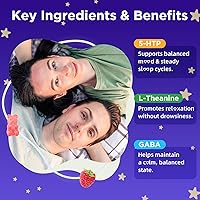 Vista 5 de Gomitas 5-HTP de 300 mg, suplemento 5-HTP con 200 mg de L-teanina y 50 mg de GABA, suplementos GABA para adultos, sin azúcar, sabor a frambuesa, 60