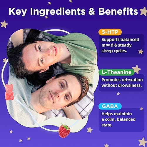 Miniatura 5 de Paquete de 2 gomitas 5-HTP de 300 mg, suplemento 5-HTP con 200 mg de L-teanina y 50 mg de GABA, suplementos GABA para apoyo cerebral y Zzz, sin