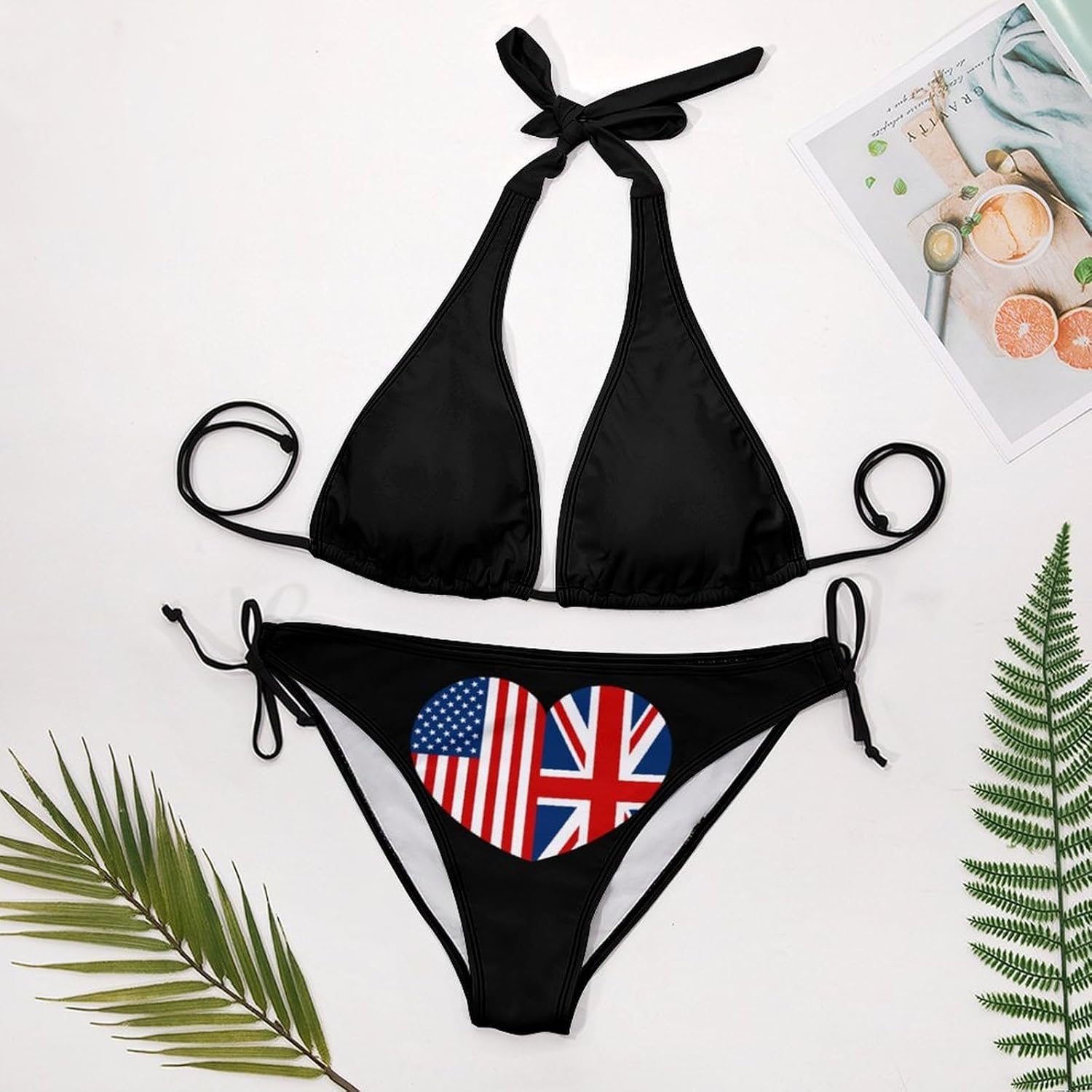 U.S. and UK Flag Heart Novelty Women's 2 Piece String Bikini Set Swimsuits Bathing Suit Swimwear