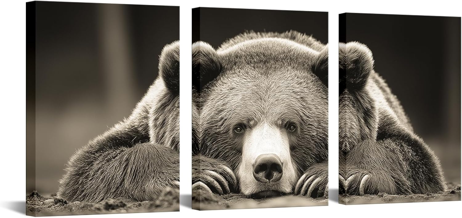 iKNOW FOTO 3 Pieces Brown Bear Wall Art - Grizzly Bear Canvas Prints for Home Modern Decoration - Animal Pictures, Stretched Canvas Ready to Hang, Each 12x16