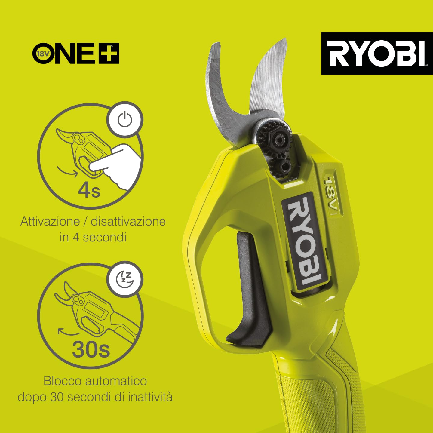 Ryobi R18SCA‑0 Cesoie Potatrici a Batteria 18V ONE+, Lama Bypass 25 mm, Coppia 145 Nm, Solo Corpo Macchina
