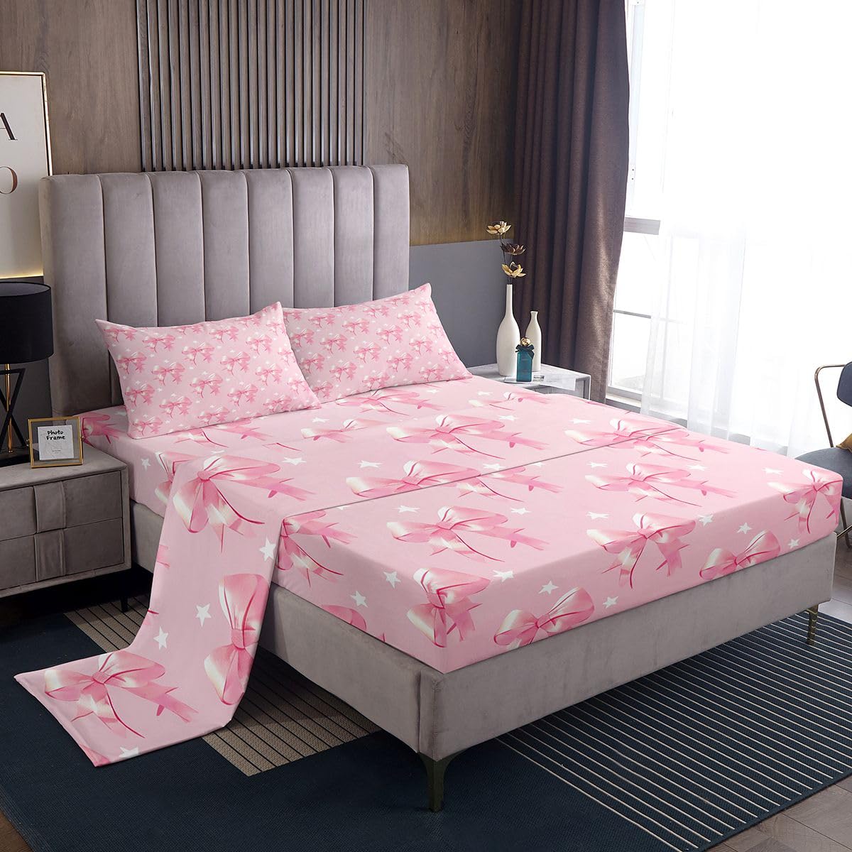 jejeloiu Bow Bed Sheets Sets Twin Size Kids Boys Girls Cute Bowknot Bedding Set Pink Bed Sheet Set with 16-Inch Deep Pockets Princess Style 3Pcs with 1 Pillow Cases Kawaii