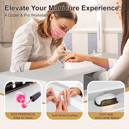 Miniatura 4 de Mesa de Manicura Escritorio de Uñas para Técnico de Uñas, Estación de Manicura para Salón/Hogar, con Cojín de Muñeca, Gabinete de Almacenamiento,