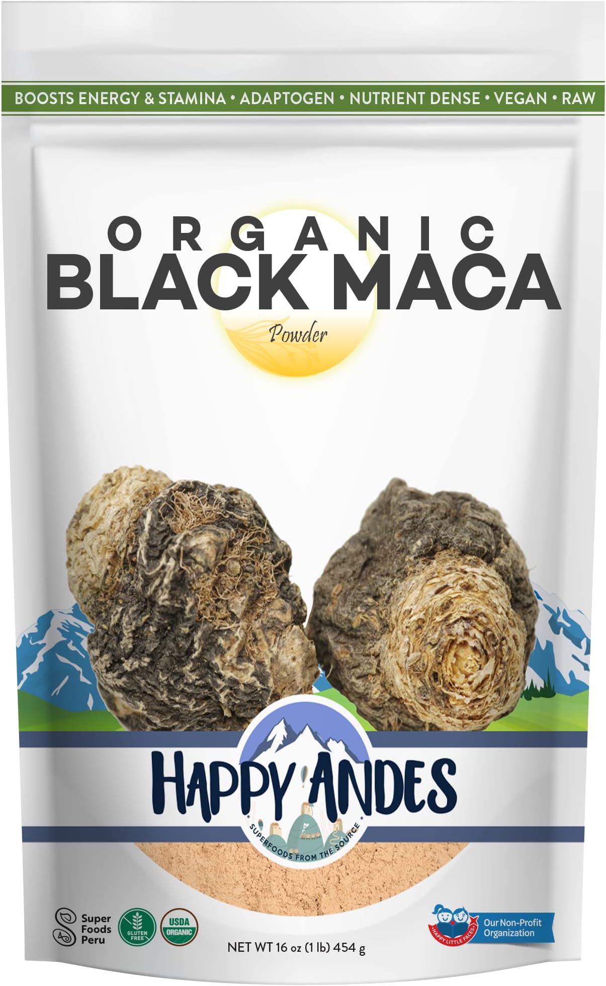 Happy Andes Organic Black Pure & Raw Maca Root Powder Non-GMO, USDA for Energy & Fitness, Performance & Mood for Men & Women, Gluten Free, Peruvian Superfood, Blue, 16 oz