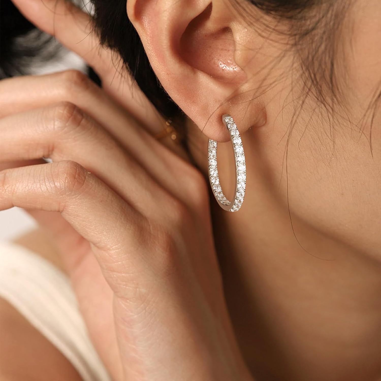 Yellow Gold Plated/925 Sterling Silver Sparkle Cubic Zirconia Hoop Earrings for Women fit Sensitive Ears 14mm/20mm/26mm Huggie/Medium/Large Hoops(with Gift Box)