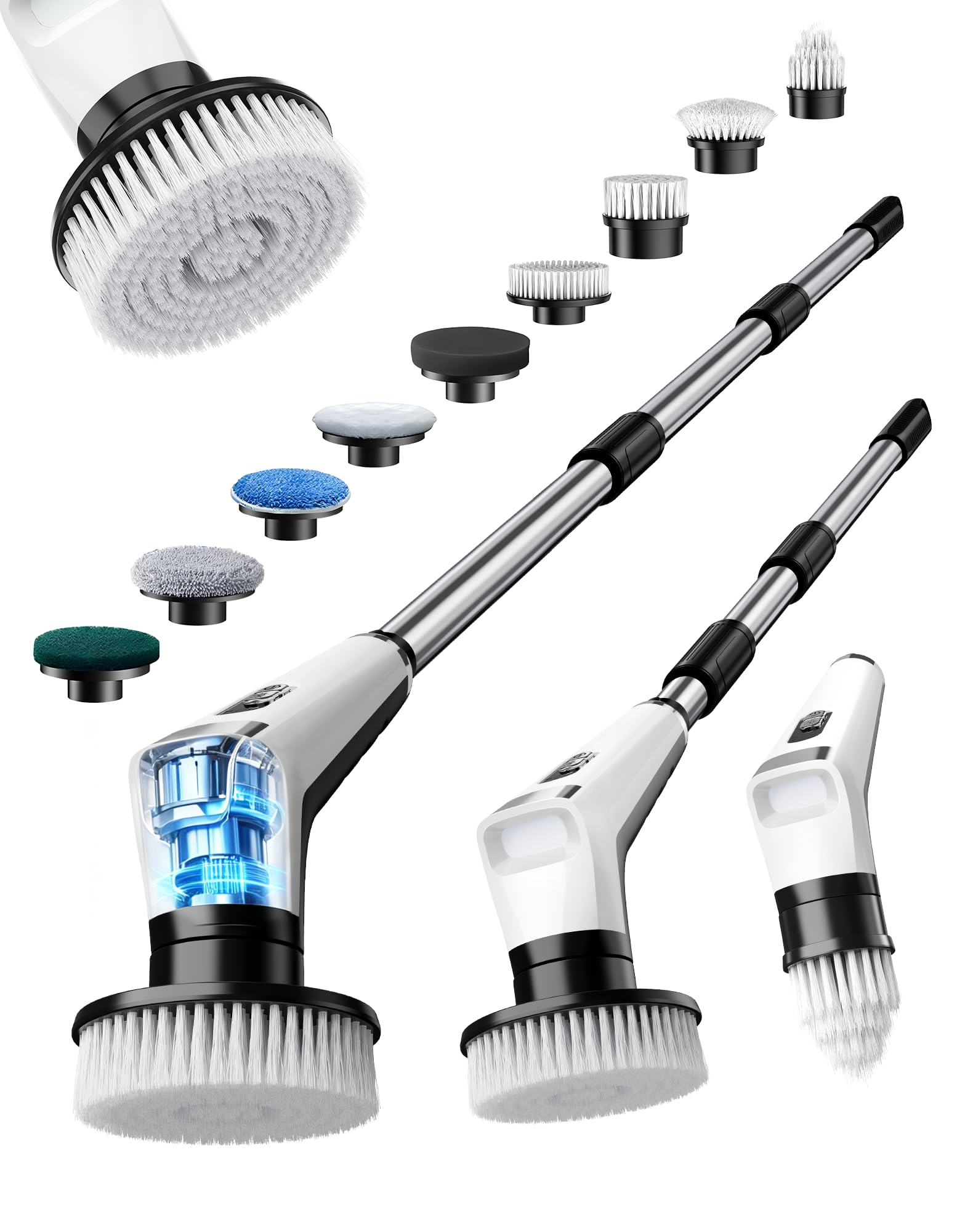 Fofile Elektrische Reinigungsbürste mit 9 Wechselbürsten, IPX8 Wasserdicht, 3 Geschwindigkeiten, 3000 mAh Akku, LED Light, Teleskopgriff