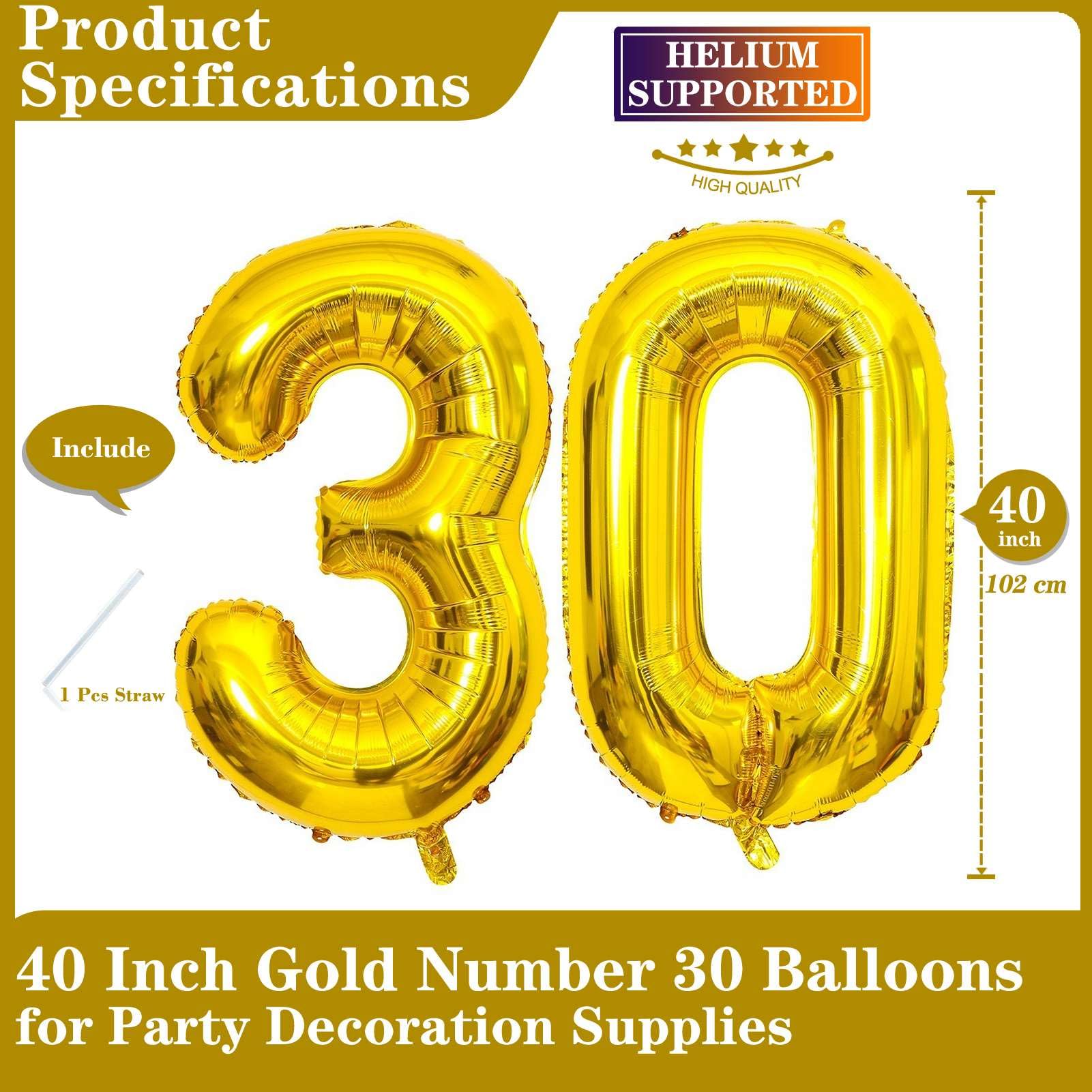 DekoRex 40" Gold Number Foil Balloon - Helium Or Air Fill, For Birthday, Anniversary Parties (Number 30) - View #2