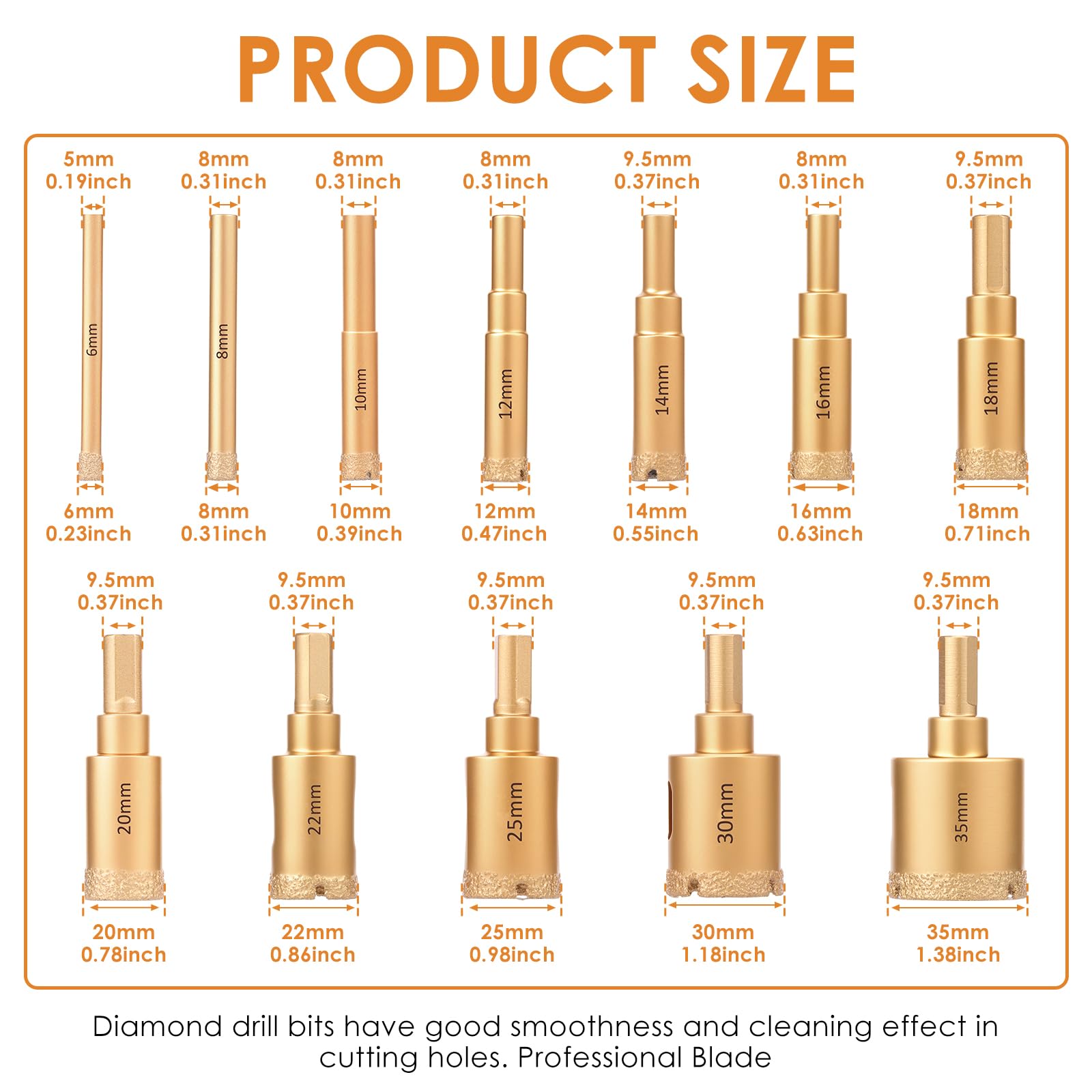 12Pcs Diamond Drill Bit Set, High Strength Brazing Drill Bit Set for Porcelain Tile Ceramic Stone Granite Marble Glass