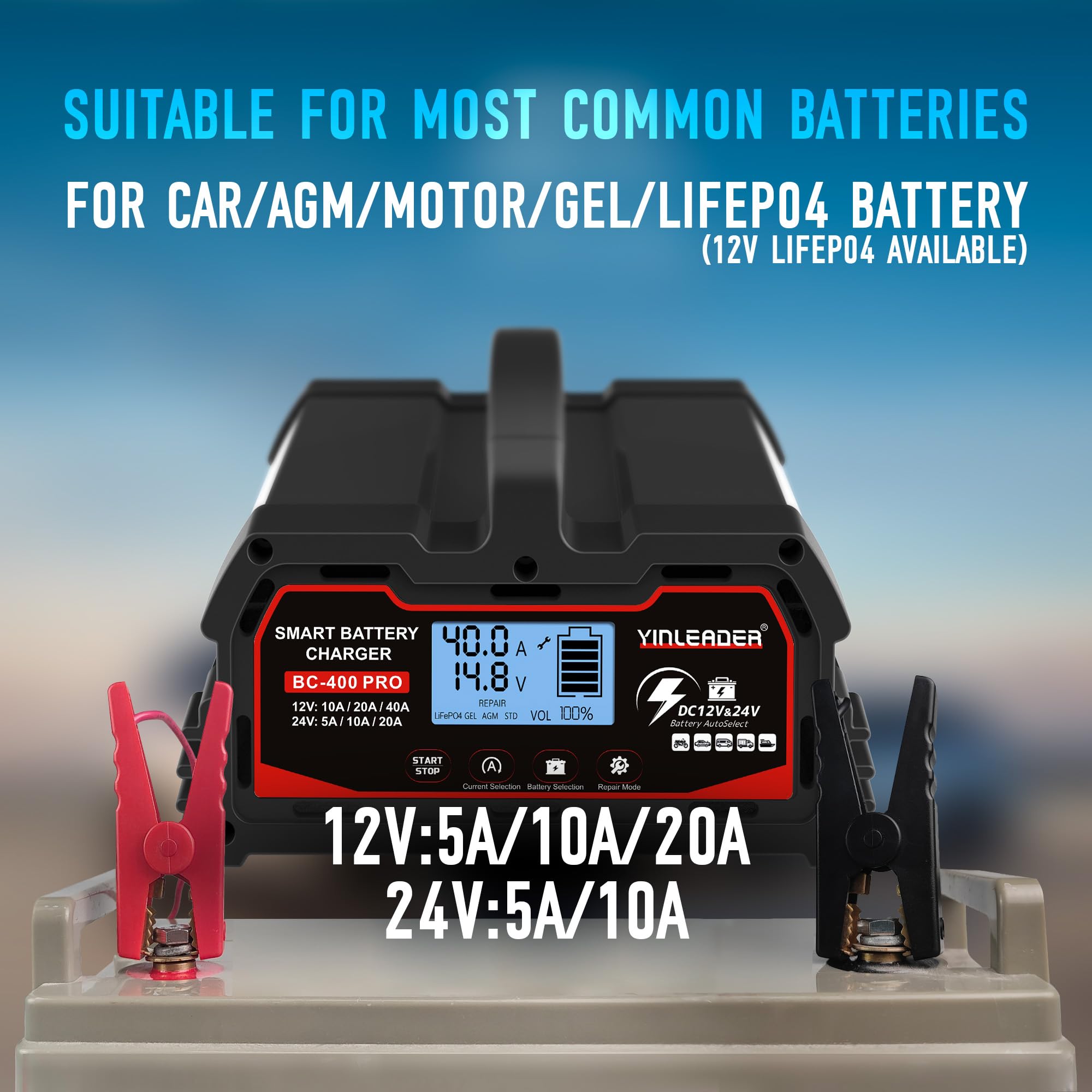 Caricabatteria da auto 40A/20A 12V/24V 20A/10A caricabatteria da auto completamente automatico intelligente con schermo LCD, caricabatterie per batteria LiFePO4 da 12 V, nero