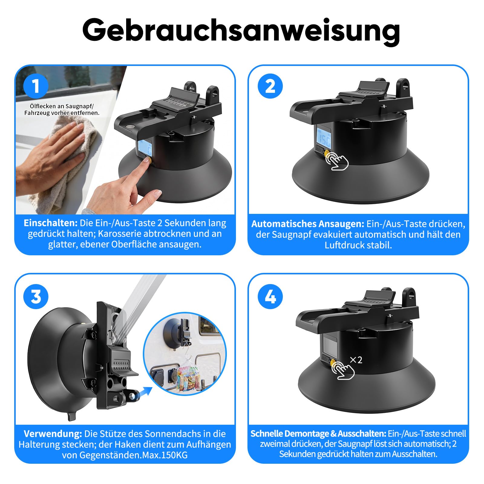 Akku Markisenhalterungen Wohnmobil,Max.150KG ,2 Stück Markisenhalter für Thule, Fiamma und DOMETIC Markisenfuss,Markisenfusshalter für Camper,Wohnwagen Zubehör, Saugnapfhalterung für Markisenfuß