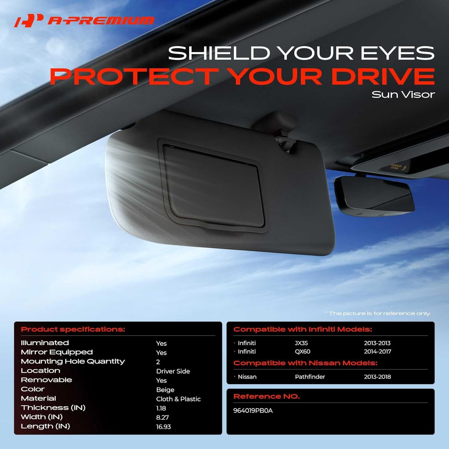 A-Premium Driver Left Side Sun Visor Compatible with Infiniti JX35 2013, QX60 2014-2017 & Nissan Pathfinder 2013-2018 - with Vanity Mirror, with Vanity Light, Beige Color - Replaces 964019PB0A