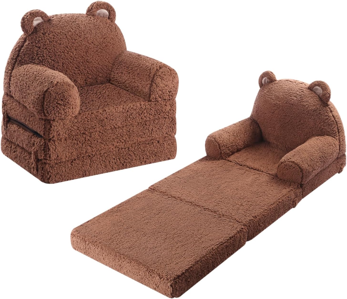 Kids Sofa, Sherpa Couch with Tri-Layer Foam Cushions, Comfy Seating for Kids Age 18 Months and Up, Brown Teddy Bear Small