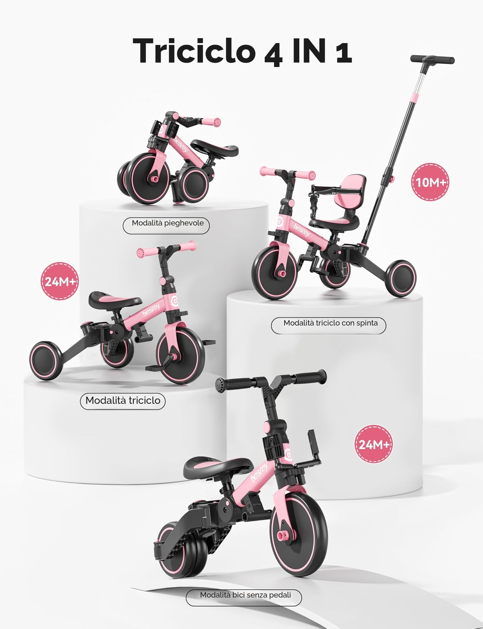 besrey Triciclo per Bambini 4 in 1, Bici senza Pedali per bambine e bambini da 1 a 3 anni, Triciclo con Maniglia di Spinta, Schienale e Cintura di Sicurezza, Rosa