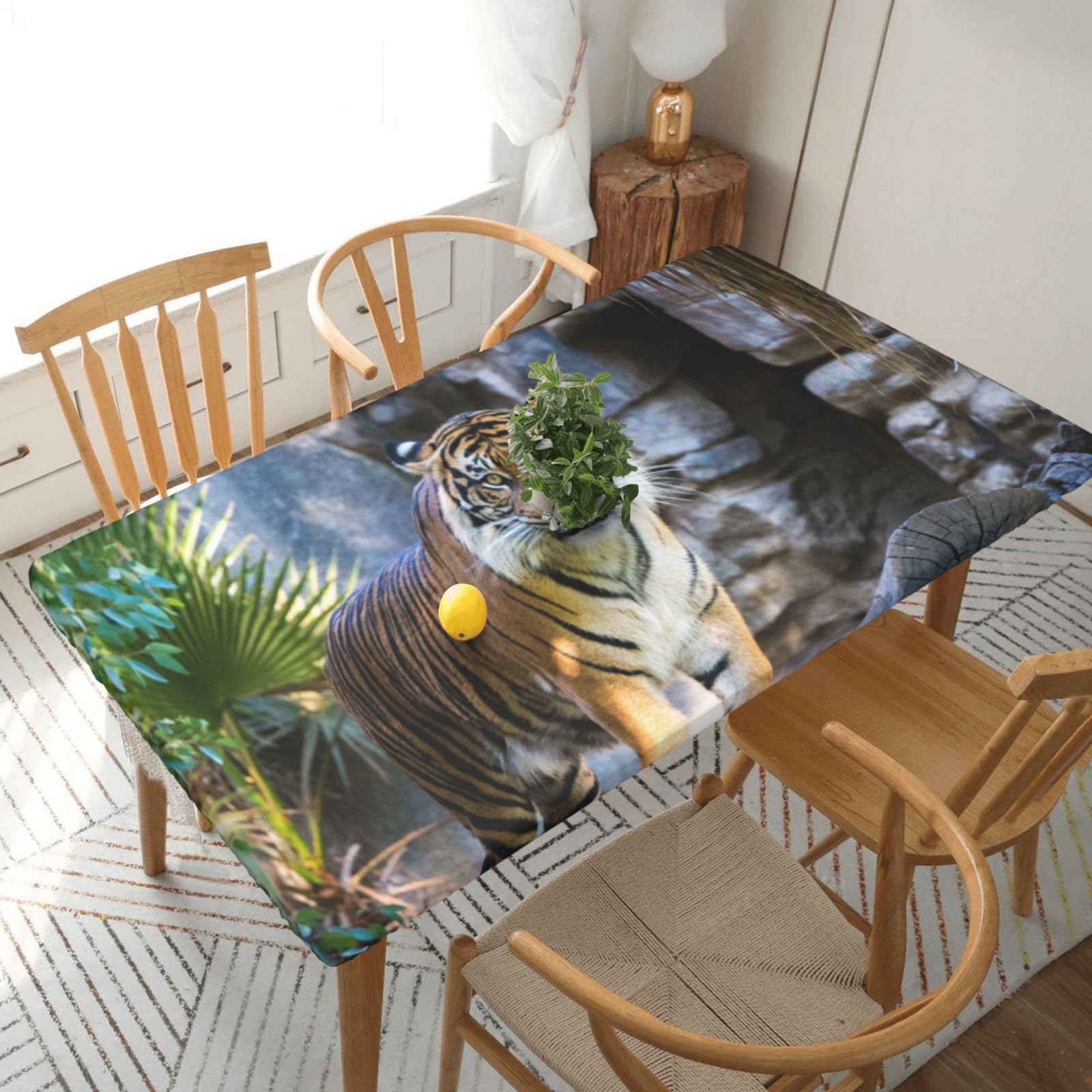 DCEHGEW Elastic Fitted Rectangle Tablecloth for 5ft Tables, Tiger in the zoo Printed Oilproof & Washable Fabric Picnic Table Cloth Table Covers