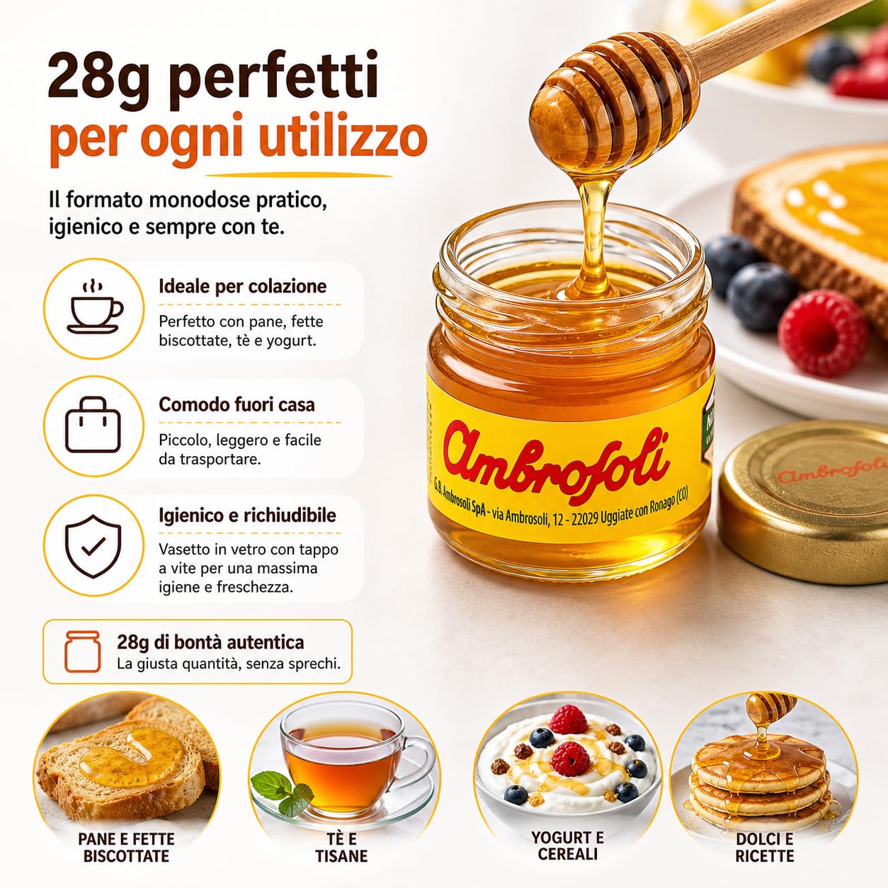 Ambrosoli 48 Porzioni Miele di Fiori 28g, Miele Monodose Pratico per Casa, Ufficio e Colazione