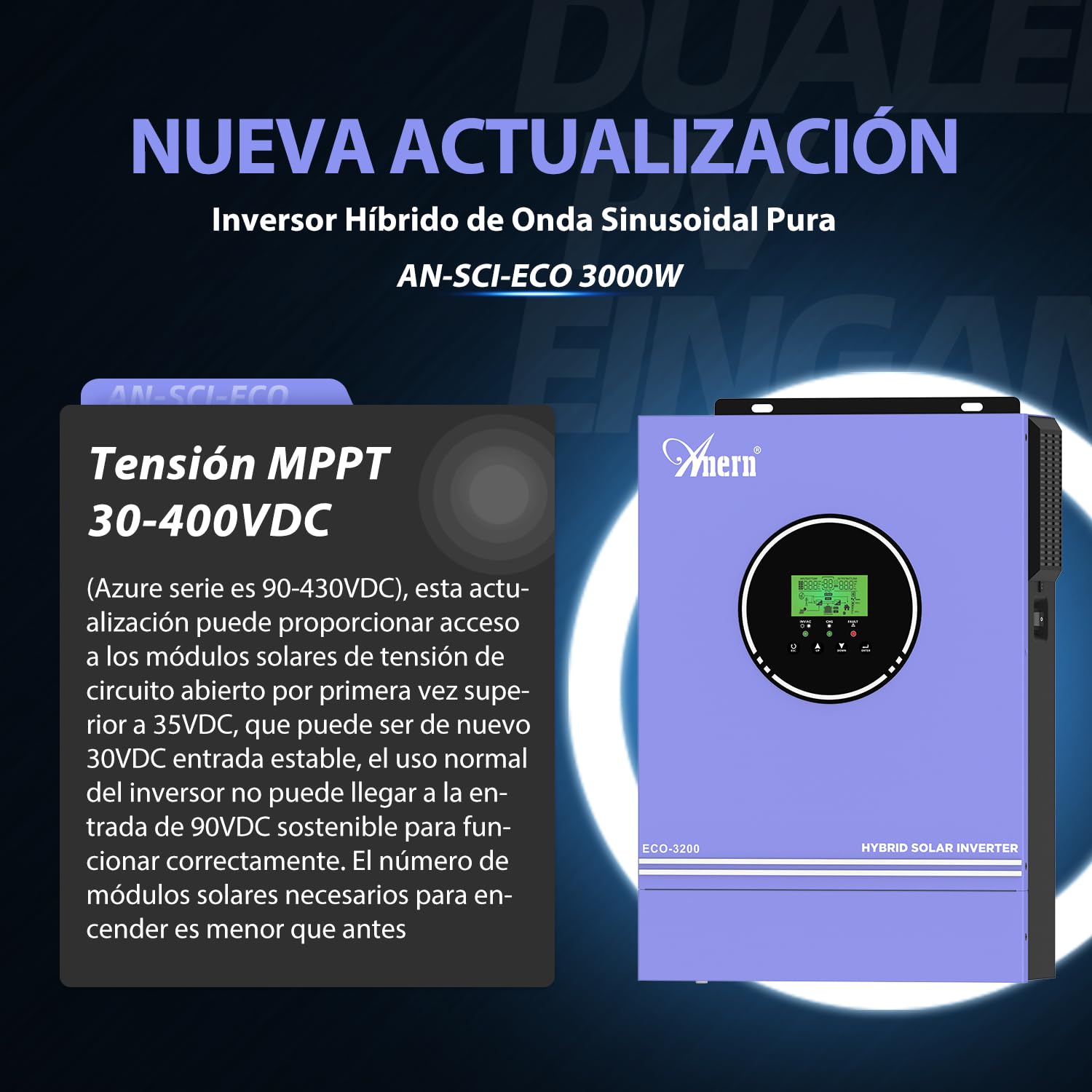 Anern 3000W Inversor Solar Híbrido 24V DC a 230V AC Sin Red Controlador Solar MPPT de 80A Integrado, Tensión de Entrada PV Máx.400V, Sinusoidales Inversor Híbrido Funciona con Batería De 24V