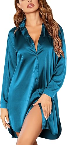 Ekouaer Camisón de satén de seda para mujer, con botones, manga larga, tallas S-3XL