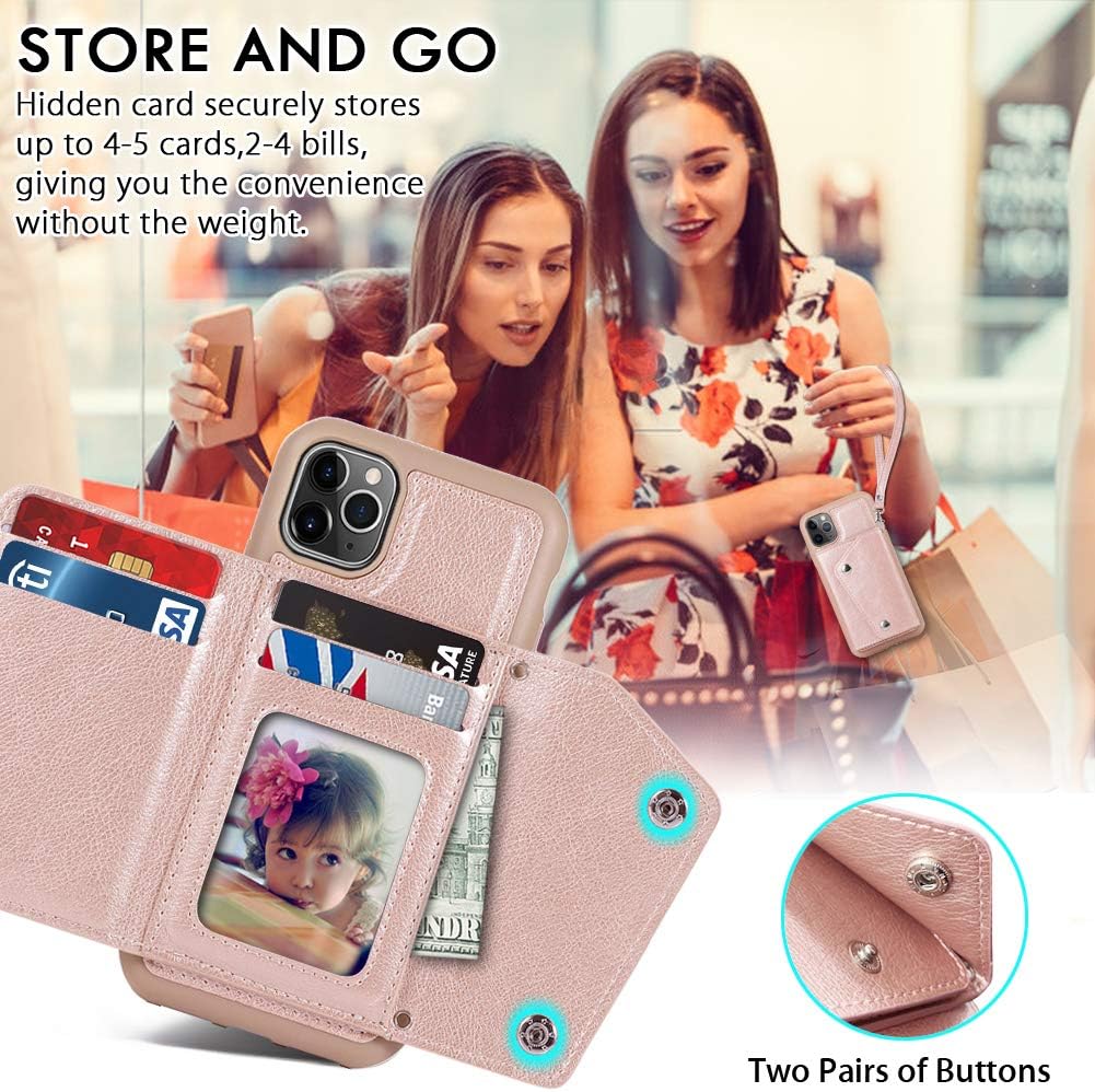 CASEOWL iPhone 11 Pro Max Case, 11 Pro Max Wallet Case with Card Holder,RFID Blocking,Kick Stand,Shoulder&Wrist Straps, PU Leather Back Flip Wallet Case for iPhone 11 Pro Max(6.5-inch 2019),Rose Gold