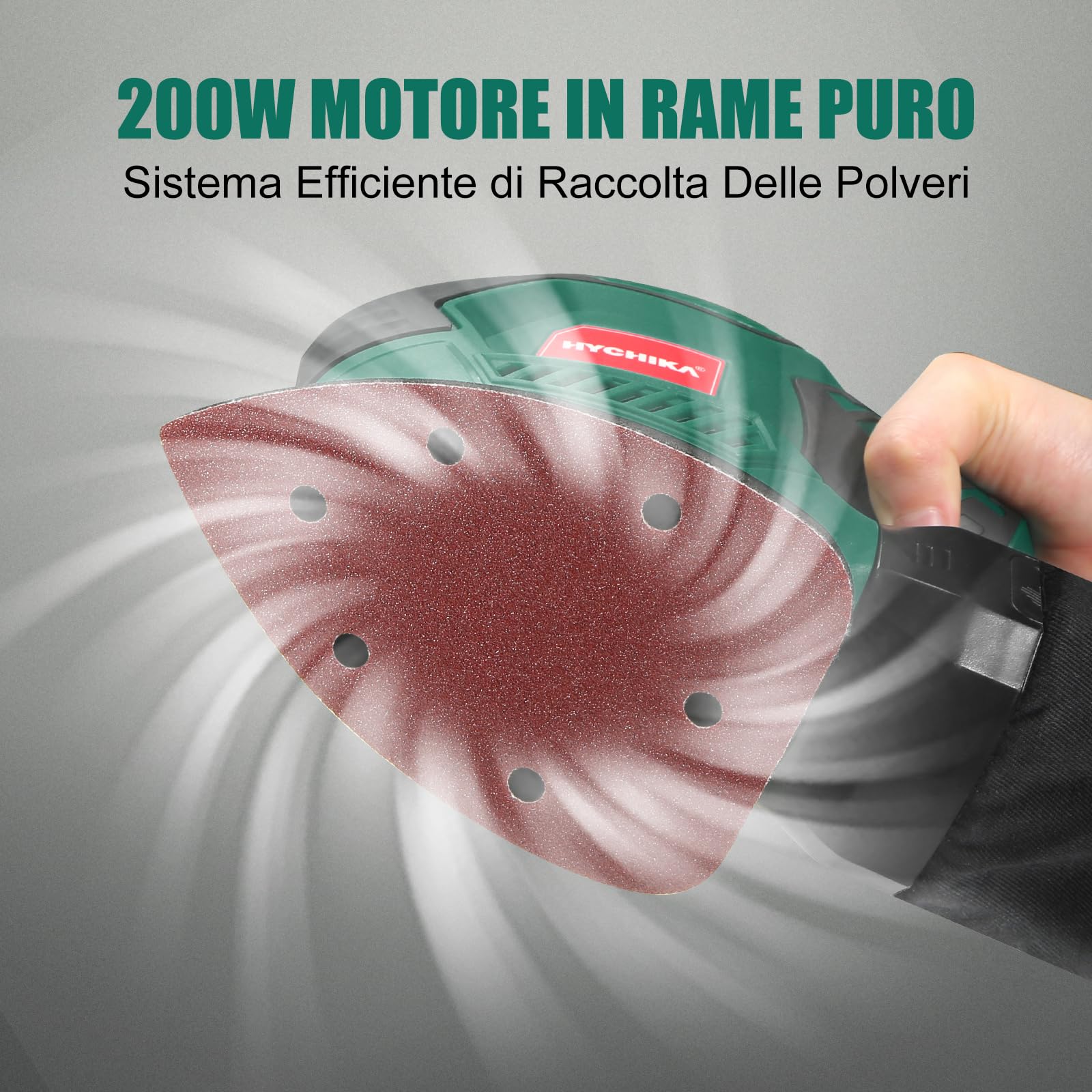 HYCHIKA Levigatrice per Legno, 200W Levigatrice Mouse, 14000RPM con Raccolta Polvere, 12PCS Carte Abrasive(240/120/80 Grani, per Multipli Angoli, Legno, Metallo, cavo elettrico