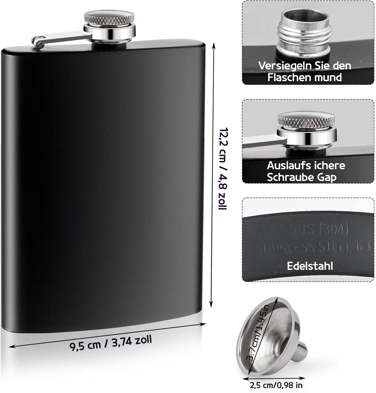 12 Stück 8 oz Edelstahl Flachmann für Alkohol, Matt schwarz, Auslaufsicher aus Edelstahl mit 12 Trichter –für Angeln, Camping, Jagd, Wandern, Reisen (Schwarz, 230 ml)