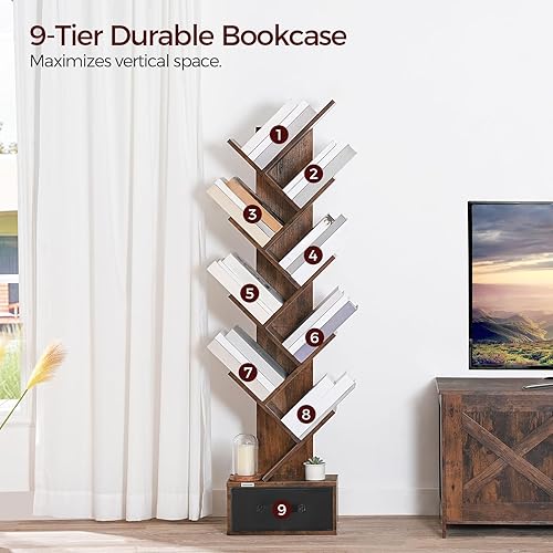 Miniatura 6 de Estantería de árbol, estantería de 9 niveles con cajón, estante de almacenamiento de libros de madera, estantería de pie, estantes organizadores